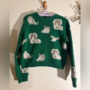 Green Cottagecore Dog print  | Chunky Knit Cozy Pullover -Medium